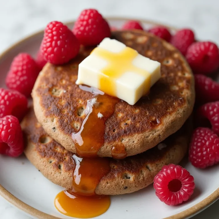 Close-up of a stack of golden-brown buckwheat pancakes topped with sliced bananas, walnuts, and a sprinkle of cinnamon, with a side of yogurt.