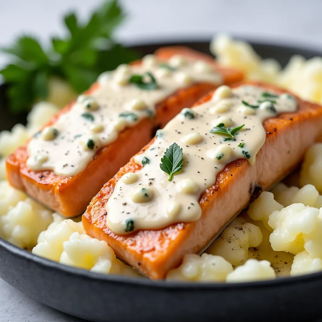 Plate of baked salmon fillet served on a bed of creamy mashed potatoes, garnished with fresh herbs and lemon slices.