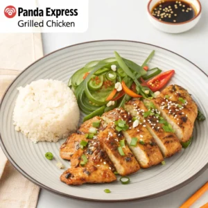 A beautifully plated grilled chicken thigh garnished with sesame seeds and chopped green onions, served with grilled vegetables.