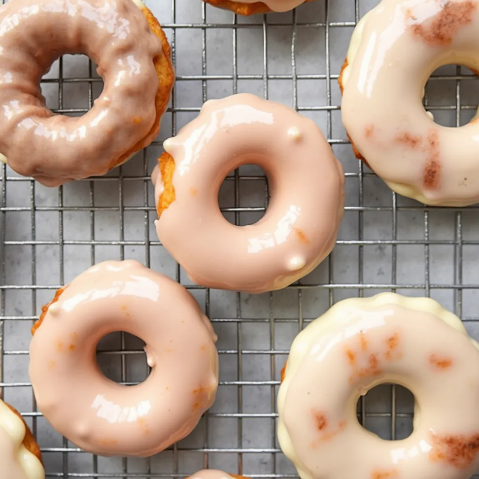 Assorted star-shaped donuts with different toppings including chocolate glaze, sprinkles, and fruit flavors on a rustic wooden table.