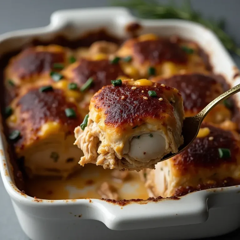 Close-up of a creamy Million Dollar Chicken Casserole with a crispy cracker topping and fresh herbs.