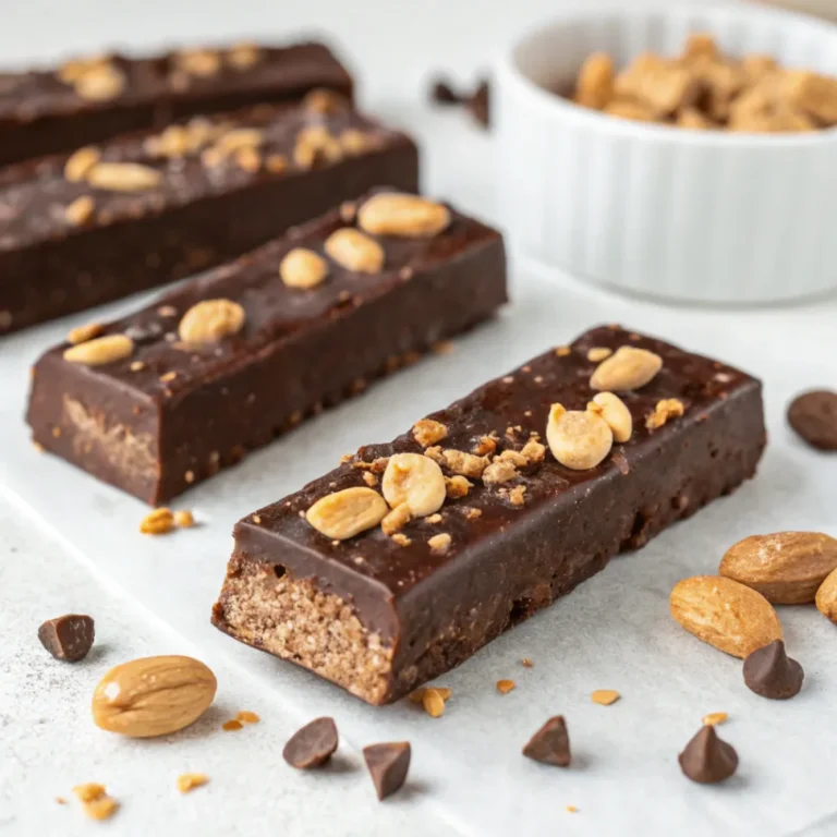 A batch of chocolate peanut butter protein bars displayed on a rustic wooden table, with ingredients like oats and peanut butter scattered around.