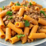 A vibrant bowl of Sweet Potato Ground Beef Pasta topped with fresh parsley, showcasing colorful ingredients like diced sweet potatoes, ground beef, and pasta.