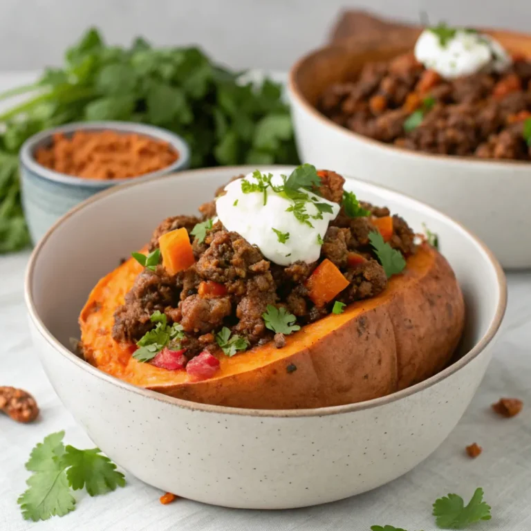 A nutritious bowl of lean ground beef paired with roasted sweet potatoes, fresh greens, and a sprinkle of herbs.